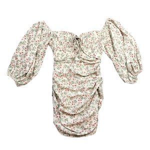Saints + Secrets Floral Ruched Mini Dress Women’s M Neutral, Balloon Sleeves NEW